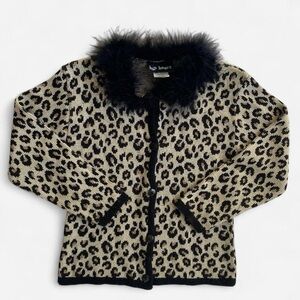 Vintage Y2K kids girls leopard print cardigan w/black feather collar